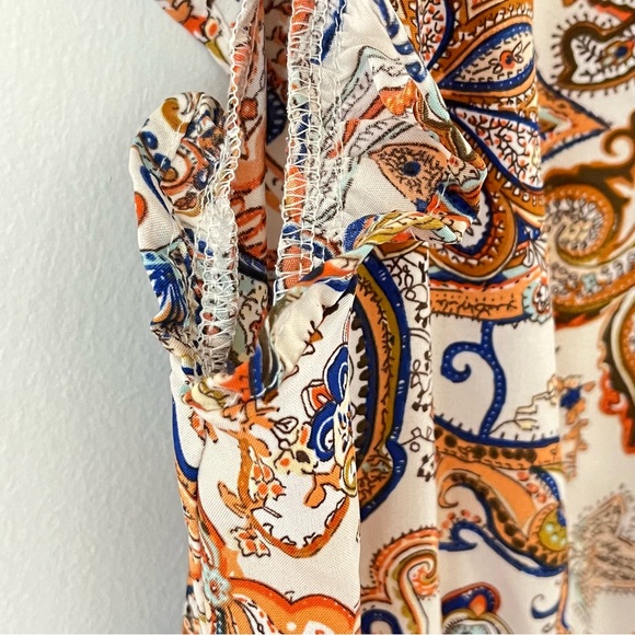 THML Boho Paisley Print Tassal Tie Mini Dress Ruffled Neck Flutter Sleeves - Picture 5 of 16